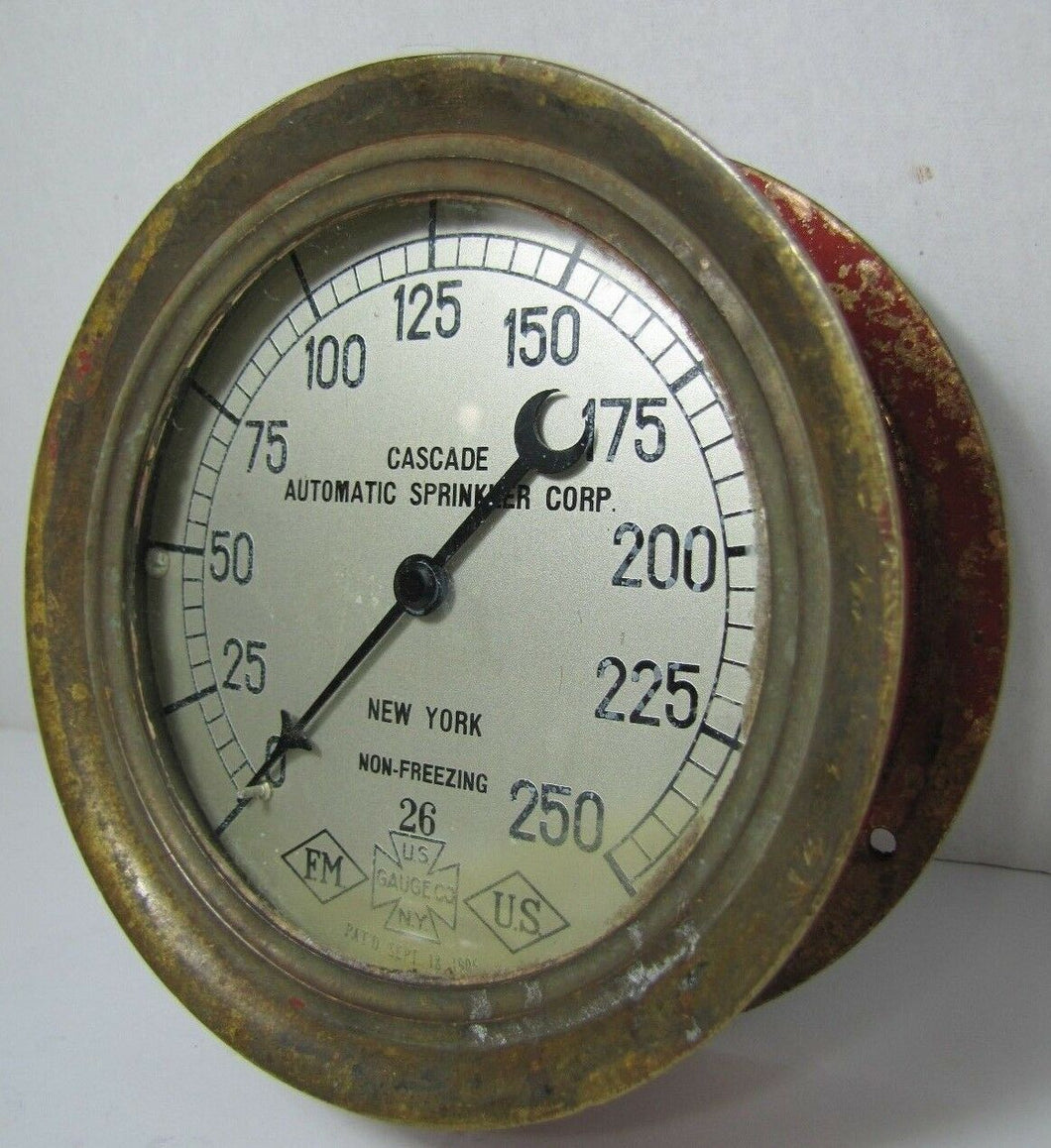 p1906 CASCADE AUTO SPRINKLER Corp US Gauge Co NY Antique Brass Red Fire Alarm