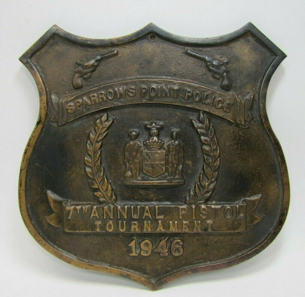 1940s SPARROWS POINT POLICE PISTOL TOURNAMENT Bronze Plaque Sign High Relief