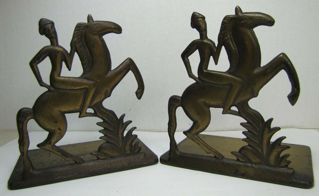 Orig Old Art Deco Stylized Horse Rider Bookends cast iron brass bronze wash mod