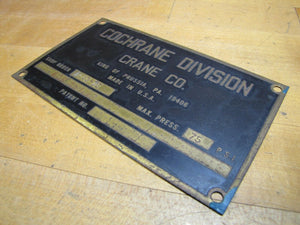 Old COCHRANE CRANE Co Brass Nameplate Equipment Sign KING OF PRUSSIA PA USA