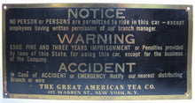 Load image into Gallery viewer, GREAT AMERICAN TEA Co Old Brass Sign NO PERSONS PERMITTED TO RIDE IN CAR
