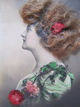 Load image into Gallery viewer, Antique Victorian Woman Postcard &#39;real hair flowers&#39; old hand tinited color
