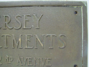 Old JERSEY APARTMENTS Brass Building Plaque Sign ASBURY PARK NJ Shore Embossed