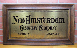 Old NEW AMSTERDAM CASUALTY COMPANY Insurance Co Advert Sign Brass w Wood Frame