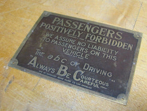 PASSENGERS POSITIVELY FORBIDDEN Old Brass Sign ABC DRIVING KENNEDY Name Plate LA