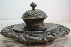 Antique DEVIL EVIL Scary Man Face Decorative Art INKWELL Ornate Brass Bronze