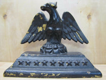 Load image into Gallery viewer, Old Cast Iron Eagle Doorstop spread wings feathers thirteen stars bevel base
