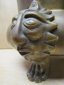 Old Figural Brass Planter Pot Urn detailed heads feet wonderful aged patina