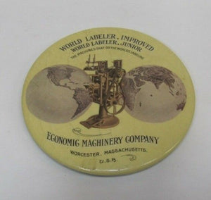 Antique ECONOMIC MACHINERY Co WORCESTER MASS USA Ad Mirror WORLD LABELER IMP JR