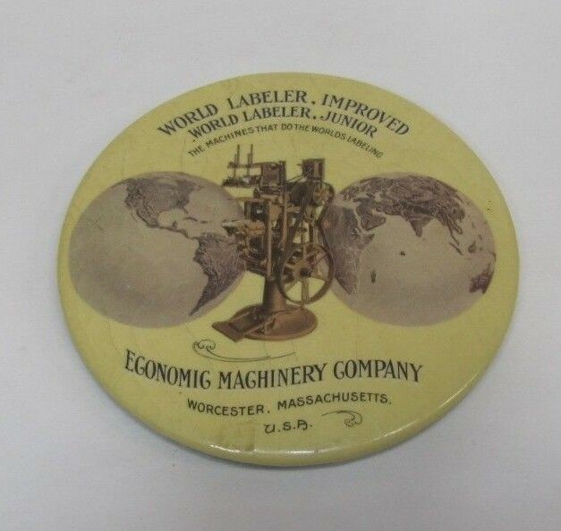 Antique ECONOMIC MACHINERY Co WORCESTER MASS USA Ad Mirror WORLD LABELER IMP JR