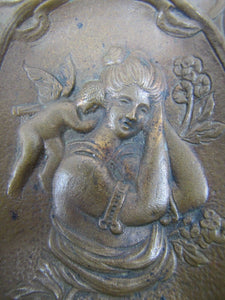 MAIDEN CHERUB FLOWERS Antique Decorative Arts Bronze Tray Card Tip Trinket