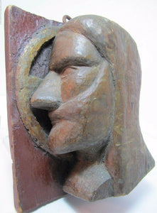 Old Folk Art Head Carved Mans Face Side View Wooden Plaque Religious Crusader