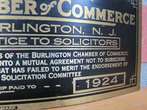 1924 BURLINGTON NJ NOTICE TO SOLICITORS CHAMBER of COMMERCE Old Brass Ad Sign