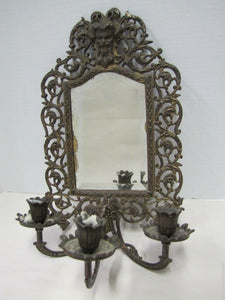 BRADLEY & HUBBARD Antique Victorian Bevel Edge Mirror Triple Candle Holder B&H