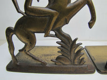 Load image into Gallery viewer, Orig Old Art Deco Stylized Horse Rider Bookends cast iron brass bronze wash mod
