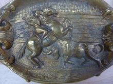 Load image into Gallery viewer, Old Brass Matador on Horseback Bull Card Tip Trinket Tray High Relief Ornate
