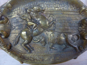 Old Brass Matador on Horseback Bull Card Tip Trinket Tray High Relief Ornate