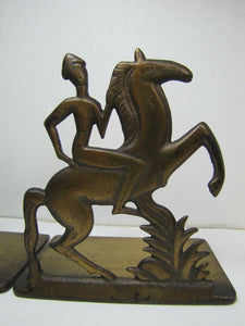 Orig Old Art Deco Stylized Horse Rider Bookends cast iron brass bronze wash mod