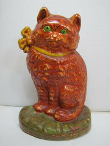 Old Cast Iron Cat Doorstop orange green eyed kitten detailed door stopper