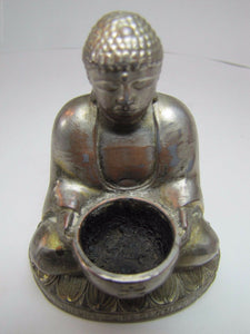 BUDDHA Old Incense Burner SWIRLING LOGS GOOD LUCK Ornate Silver Nickel Plate