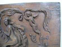 Load image into Gallery viewer, Antique Art Nouveau Nude Maiden Dauphin Fish Cherub Wood Carved Art Plaque exq
