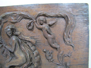 Antique Art Nouveau Nude Maiden Dauphin Fish Cherub Wood Carved Art Plaque exq