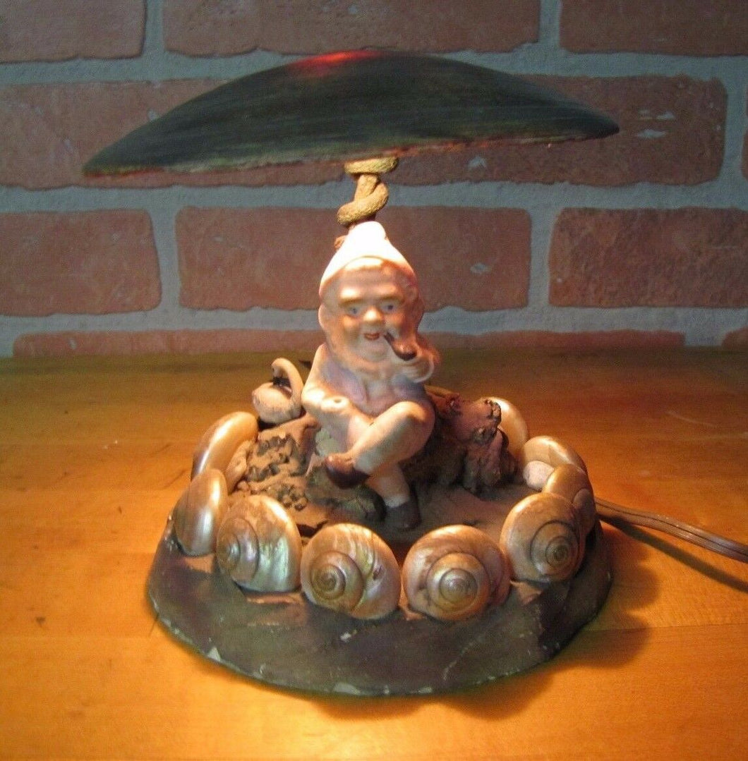 Old Folk Art Gnome Elf Troll w Swan Asbury Park New Jersey Souvenir Shell Lamp