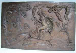 Antique Art Nouveau Nude Maiden Dauphin Fish Cherub Wood Carved Art Plaque exq