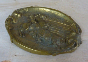 Old Brass Matador on Horseback Bull Card Tip Trinket Tray High Relief Ornate