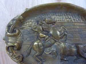 Old Brass Matador on Horseback Bull Card Tip Trinket Tray High Relief Ornate