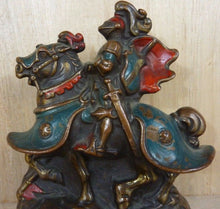 Load image into Gallery viewer, 1920s KNIGHT ARMOUR HORSE Bronze Clad Bookend Doorstop Decorative Art Statue
