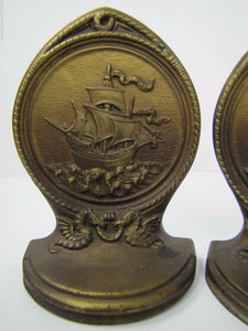 Antique BRADLEY HUBBARD Bookends SAILING SHIPS MYTICAL BEASTS Ornate B&H