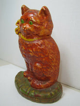 Load image into Gallery viewer, Old Cast Iron Cat Doorstop orange green eyed kitten detailed door stopper
