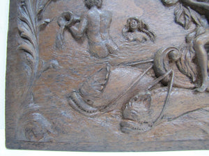 Antique Art Nouveau Nude Maiden Dauphin Fish Cherub Wood Carved Art Plaque exq