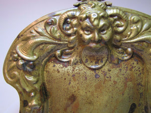 Antique Victorian Horned Devil Brass Tray evil head open mouth crumb dust ashes