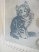 Load image into Gallery viewer, Old Artwork &#39;Bumble Bee&#39; Kitten watching Bee Meta Pluckebaum ? print etch framed
