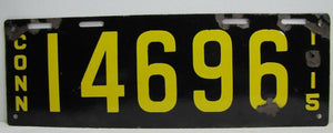 Antique Porcelain 1915 Connecticut License Plate - Conn 14696 - black yellow