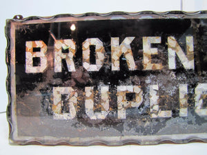 BROKEN LENSES DUPLICATED Antique Chip Scalloped Glass Mirror Sign Tin Optician