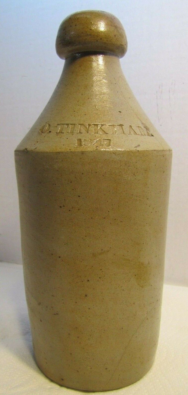 Antique 1847 O TINKHAM Salt-Glazed Pottery Stoneware 19c Root Beer Bottle