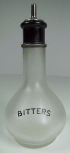 Old BITTERS Frosted Glass Bottle w Black Detail Bar Pub Tavern Liquor Ad