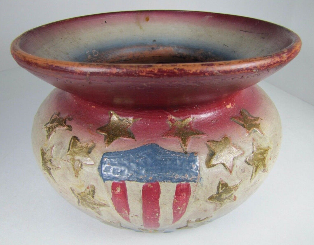 Antique Redware US Crest Thirteen Star Americana Pottery Spittoon Cuspidor Pot