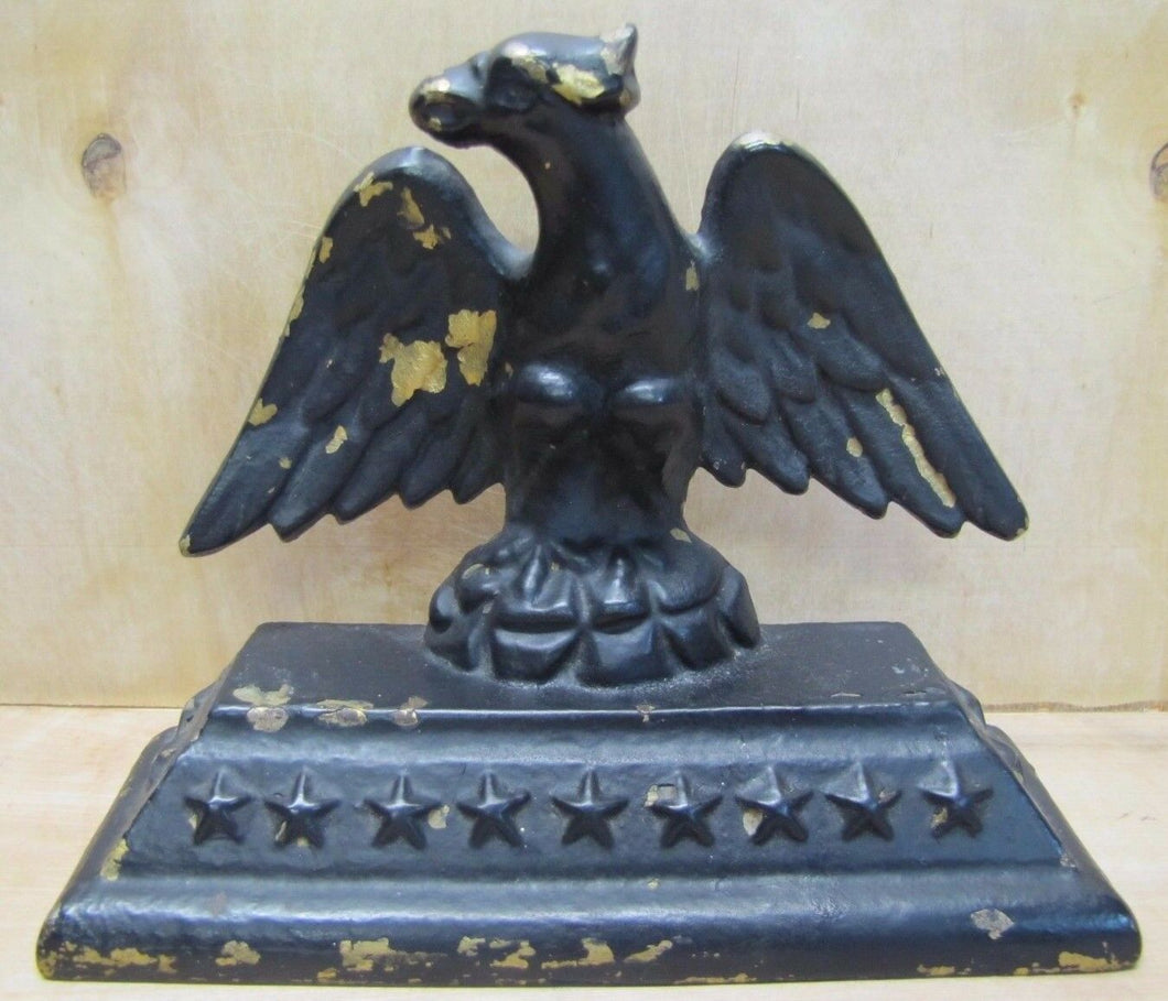 Old Cast Iron Eagle Doorstop spread wings feathers thirteen stars bevel base