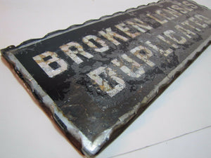 BROKEN LENSES DUPLICATED Antique Chip Scalloped Glass Mirror Sign Tin Optician