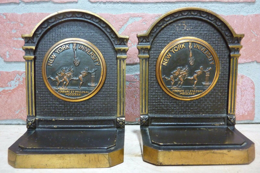 NEW YORK UNIVERSITY 1930s CS&C Co NYU Brass Decorative Art Bookends Book Ends