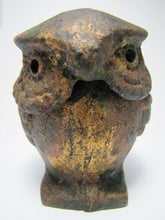 Load image into Gallery viewer, OId Cast Iron Owl Incense Burner old gold paint ornate detailed feathers eyes
