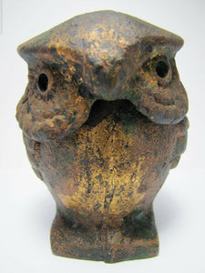 OId Cast Iron Owl Incense Burner old gold paint ornate detailed feathers eyes