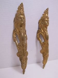 Brass Maidens Head Old Pair Decorative Arts Architectural Hardware Elements