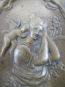 MAIDEN CHERUB FLOWERS Antique Decorative Arts Bronze Tray Card Tip Trinket
