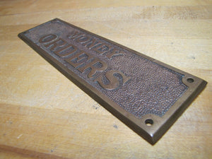 Old Brass MONEY ORDERS Sign Bevel Edge Embossed Bank Store Advertising