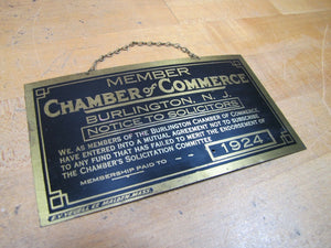 1924 BURLINGTON NJ NOTICE TO SOLICITORS CHAMBER of COMMERCE Old Brass Ad Sign